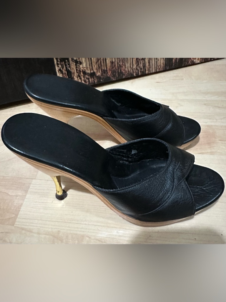 Re-Mix Hollywood Stilettos Black Leather Open-Toe Mule Heels